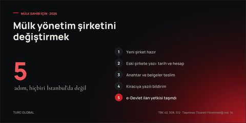 Koyu zemin üzerinde beş adım: yeni şirket hazır, eski şirkete yazı, anahtar ve belgeler teslim, kiracıya yazılı bildirim, e-Devlet yetkisi taşındı
