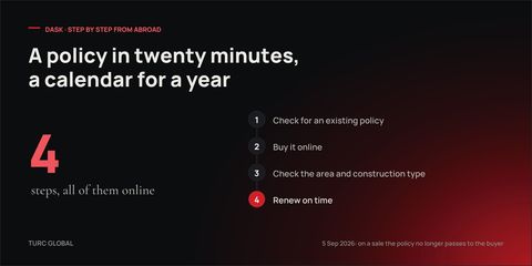 The four steps of DASK from abroad: check for an existing policy, buy it online, check the area and construction type, renew on time