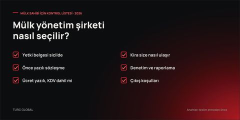 Kontrol listesi görseli: yetki belgesi sicilde, önce yazılı sözleşme, ücret yazılı, kiranın size ulaşması, denetim ve raporlama, çıkış koşulları